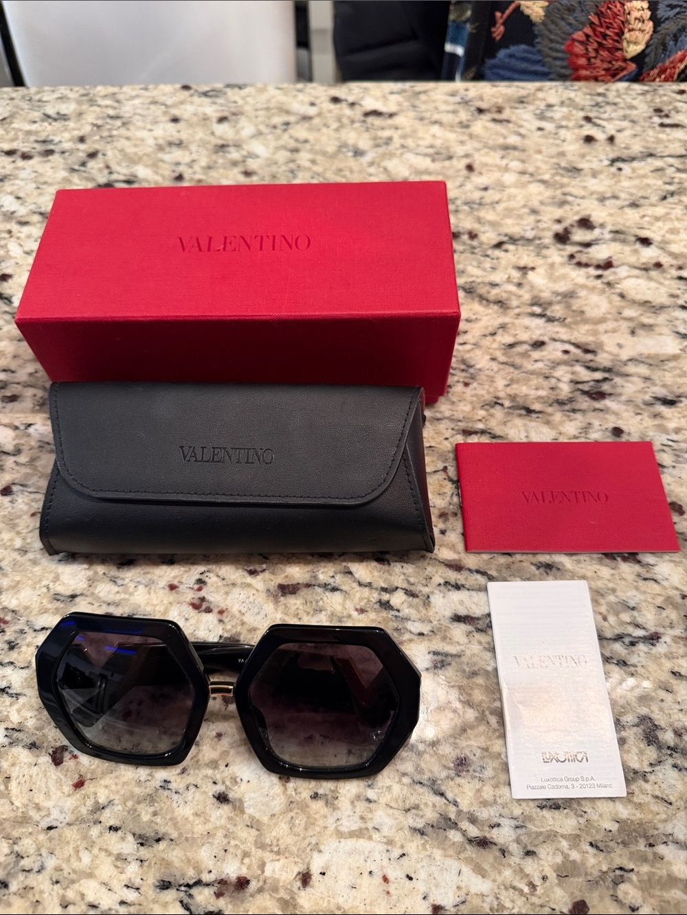 Valentino Black Hexagonal Frame Sunglasses with Gradient Lenses